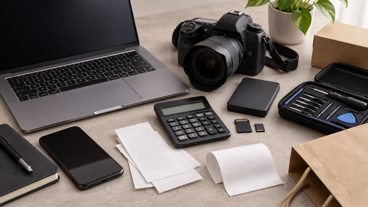 Laptop, máy ảnh và máy tính cầm tay minh họa chi phí sở hữu