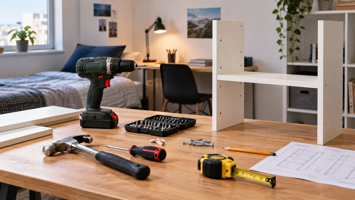 Máy khoan và dụng cụ sửa nhà trên bàn làm việc