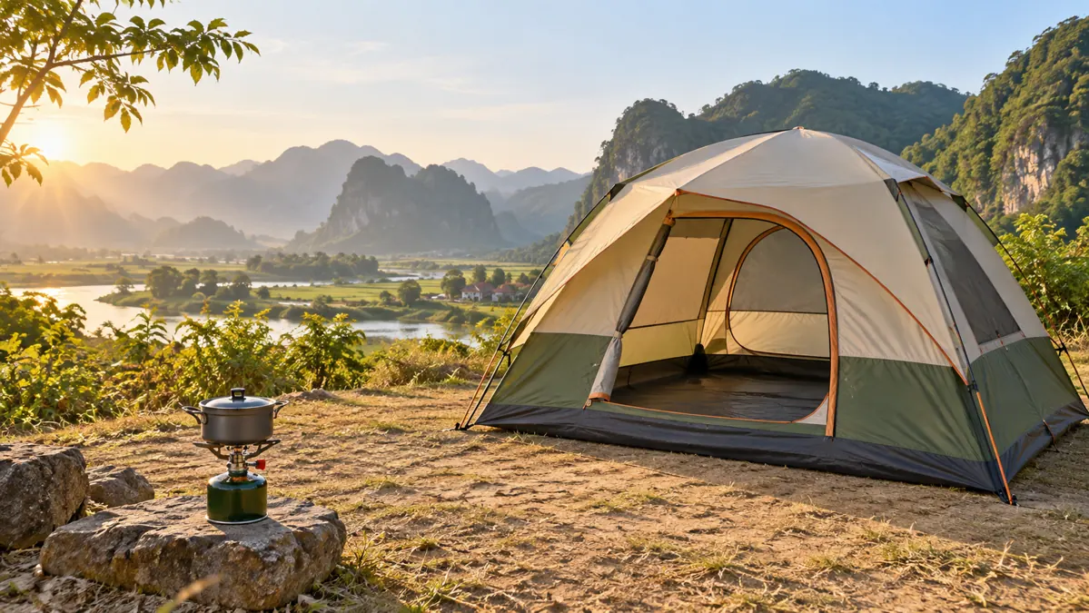 Lều bốn người và bếp dã ngoại đặt ngoài lều