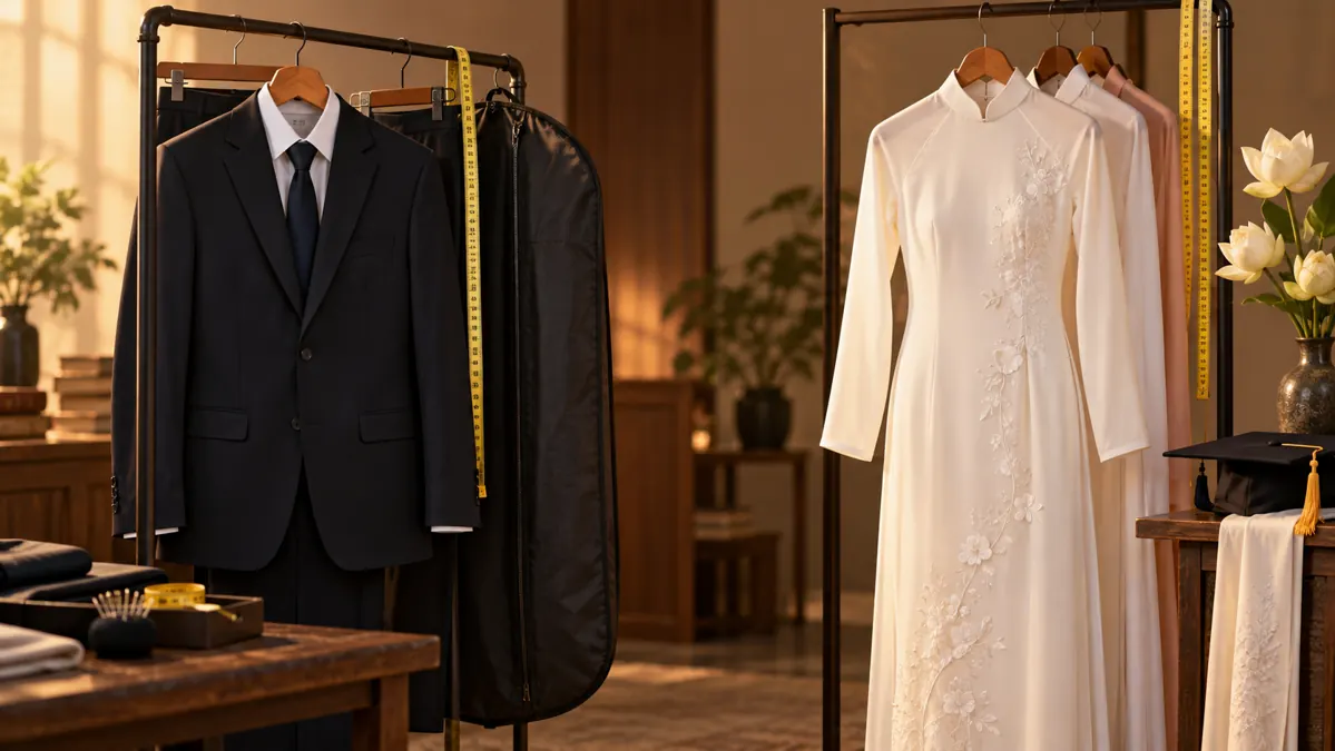 Bộ vest và áo dài treo cạnh túi đựng trang phục